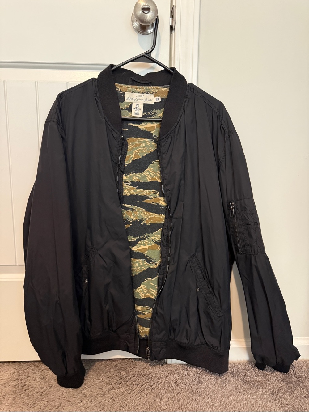 H&M Black Bomber Jacket with Green Camouflage Interior